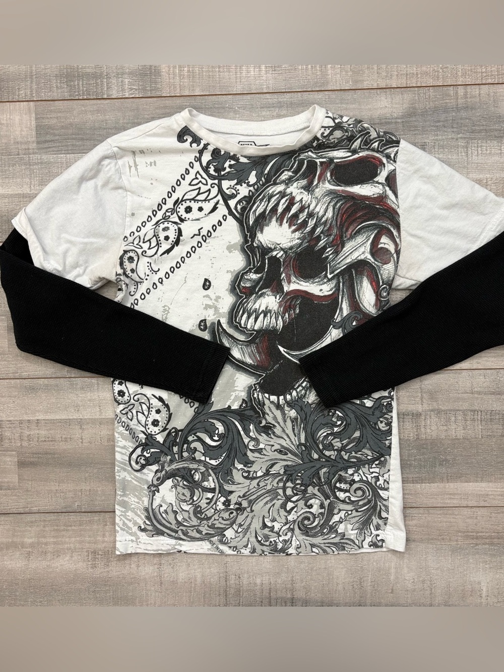 MMA Elite Skull Graphic Layered Thermal T-Shirt White Black Long Sleeve Men's S